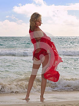 Blond girl in red bikini in Hawaii