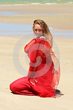 Blond girl in red dress