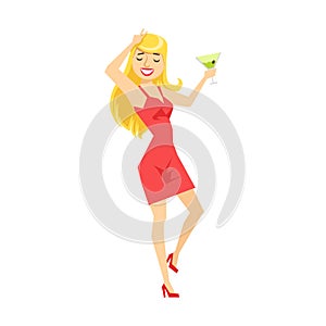Blond Girl In Red Dress With Martini Glass DancingPart Of Funny Drunk People Having Fun At The Party Series