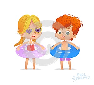 Blond Girl and Red hair boy in inflatable circle. Kid Friend Relax at Summer Multiracial Pool Party with Inflatable Ring