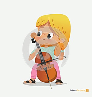 Blond Girl Sit on Chair Play Contrabass with Joy