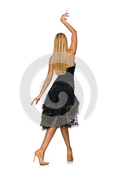 The blond hair girl in black evening dress