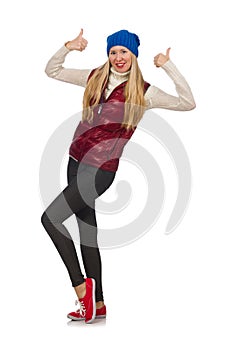 The blond hair girl in bordo vest isolated on