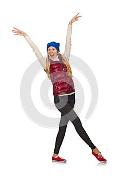 Blond hair girl in bordo vest isolated on white