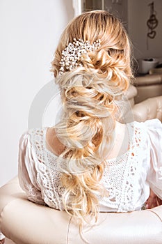 Blond hair womam in white dress