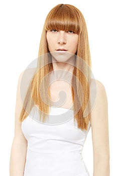 Blond hair. Young woman with long, straight hair