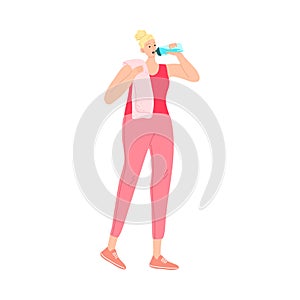 Fitness girl drinking water from the bottle after exercise. Vector illustration in cartoon style.