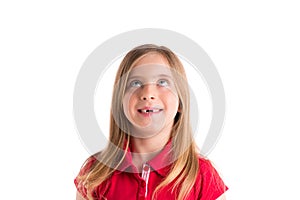 Blond indented girl looking up gesture in white