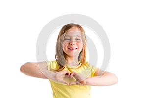 Blond indented kid girl hearth shape fingers smiling