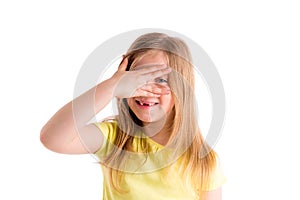 Blond indented kid girl hiding eyes with fingers