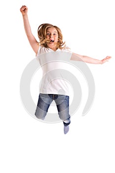 Blond kid girl indented jumping high wind on hair
