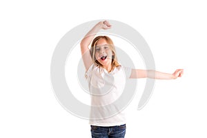 Blond kid girl indented jumping high wind on hair