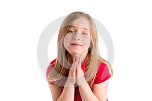 Blond kid girl praying hands gesture in white