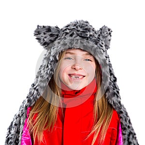 Blond kid girl with winter gray feline fur scarf hat in white