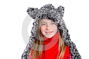 Blond kid girl with winter gray feline fur scarf hat in white