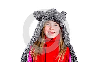 Blond kid girl with winter gray feline fur scarf hat in white