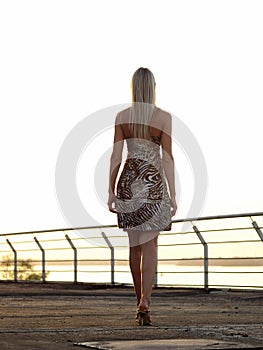 Blond lady walking over promenade photo