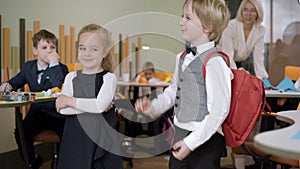 Blond little boy pulling ponytail of cute girl in classroom. Caucasian classmates flirting in public school. Childhood