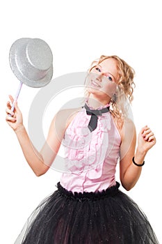 Blond magitian woman play with hat and magic wand