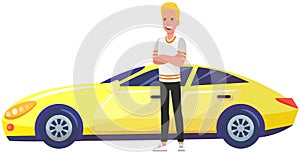 Blond male character, athlete next to personal transport. Cool rich man near expensive sports car