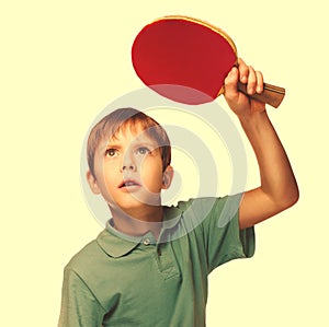 blond man boy playing table tennis forehand takes topspin isolat photo