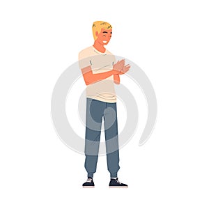 Blond Man Character Standing Ovation Clapping His Hands as Applause and Acclaim Gesture Vector Illustration