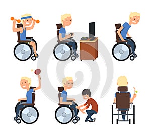 Blond Man with Disability in Wheelchair Engaged in Different Activity Vector Set
