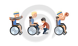 Blond Man with Disability in Wheelchair Strengthen Muscle Doing Physical Exercise Vector Set