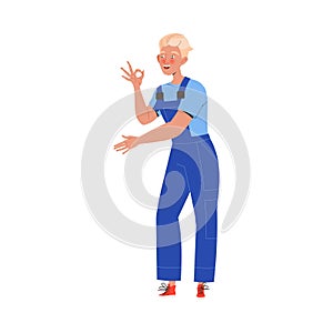 Blond Man Mechanic Showing Ok Hand Gesture as Car Repair Service Work Vector Illustration