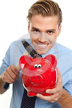 Blond man with piggybank