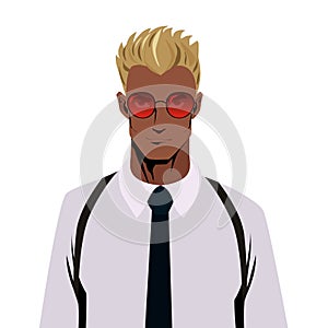 Blond man portrait, white shirt, red sunglasses, security guard. detective. Vector illustration