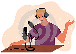Blond man in purple t shirt is doing live podcast. Male podcaster talking to microphone recording voice in studio. Vector