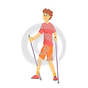 Blond Man In Shades Doing Nordic Walk Outdoors Illustration