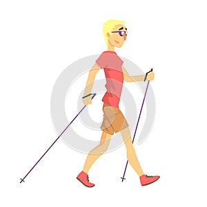 Blond Man In Shades Doing Nordic Walk Outdoors Illustration