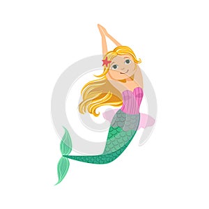 Blond Mermaid In Purple Swimsuit Top Bra With Starfish In Hair Fairy-Tale Fantastic Creature Illustration