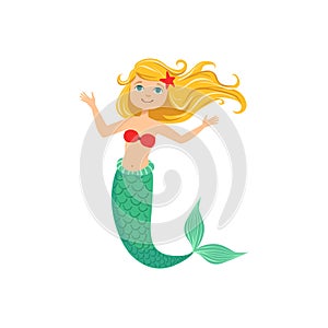 Blond Mermaid In Red Swimsuit Top Bra And Starfish In Hair Fairy-Tale Fantastic Creature Illustration