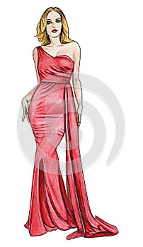 Blond Model in a Red Starlet Gown Fashion Illustration