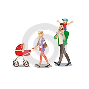 Parents Walking with Little Childrens Vector