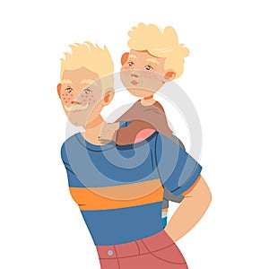 Blond Moustached Father Carrying Little Son on His Back Vector Illustration