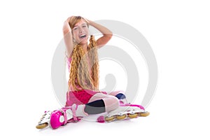 Blond pigtails roller skate girl sitting happy