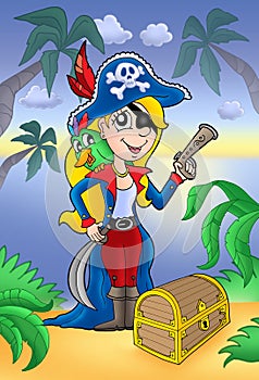 Blond pirate women with treasure chest
