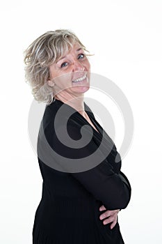 Blond senior woman 50 60 smiling happy standing on isolated white background