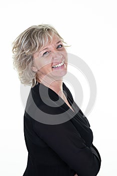 Blond senior woman 60 profile smiling happy standing on isolated white background