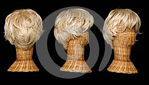 Blond short hair wig on mannequin head over black background isolated, set of three show many angle