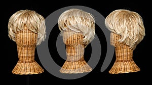 Blond short hair wig on mannequin head over black background isolated, set of three show many angle
