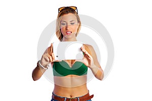 Blond short jeans woman selfie tablet photo