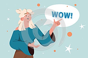 Blond smile woman points a finger to wow speech bubble