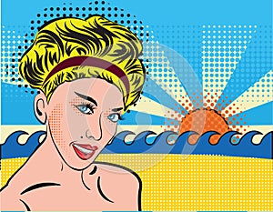 Blond smiley girl relax on the beach. Bohemian retro chic lady in pop art style. Portrait of a girl blonde with curvy