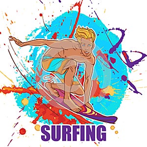 Blond smiling surfer in trunks on a grunge background