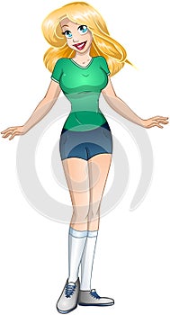 Blond Teenage Girl In TShirt And Short Pants